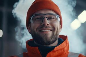 Smiling construction worker with safety gear in industrial setting during daytime photo