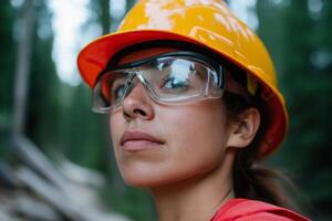 Bold woman wearing safety gear in forest while overseeing conservation work photo
