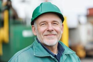 Construction worker in green hard hat smiles at the camera at a building site during daylight hours photo