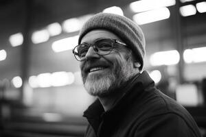 Smiling man wearing glasses and a beanie in an industrial space with bright lights photo