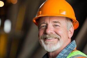 Smiling construction worker wearing an orange hard hat in an industrial setting during daylight hours photo