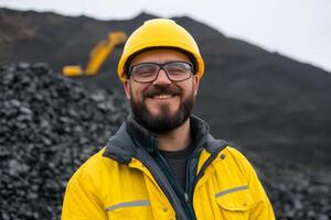 Smiling worker in yellow hard hat and jacket at mining site with machinery in background on overcast day photo