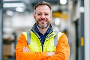 Smiling worker in safety gear stands confidently with arms crossed in industrial warehouse photo