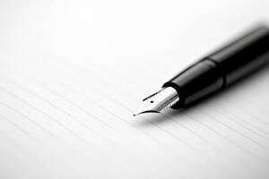 Close-up of a fountain pen poised above blank paper, ready for writing in a creative workspace photo