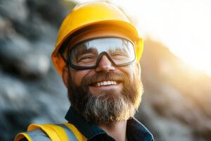 Smiling construction worker in safety gear enjoying a sunny day at the work site photo