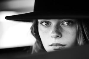 Young woman with a hat gazes through a car window on a sunny day in black and white photo