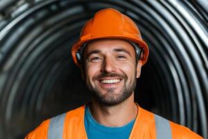 Construction worker wearing hard hat smiles in underground tunnel during work hours photo