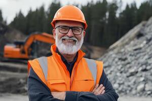 Experienced construction worker smiling confidently at a work site during daylight hours photo