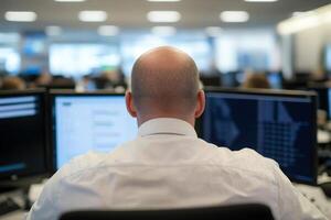Focused office worker engaged in tasks at a modern workplace with multiple computer screens photo