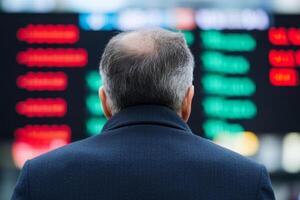 Business professional observes stock market ticker at trading center in a bustling financial district photo