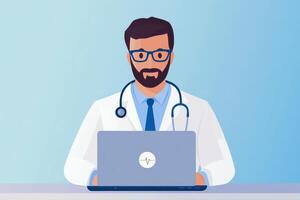 Doctor in white coat using laptop with stethoscope preparing for virtual consultation photo