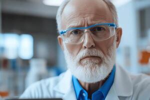 Senior scientist displaying focused expression during laboratory experiment in clinical setting photo