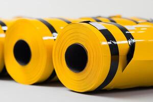 Rolls of yellow vinyl material with black tape arranged neatly for industrial or craft use in a workshop setting photo