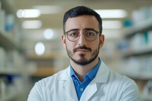 A pharmacist in white lab coat stands with crossed arms, showcasing confidence and professionalism in a pharmacy filled with shelves of medications during the day photo