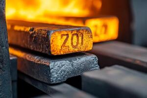 Brightly lit metal ingots are seen in the midst of a furnace, melting and glowing. photo