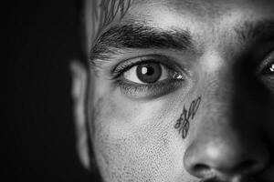 Close-up of a man's eye with facial tattoos and intense expression captured in black and white photo
