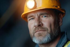 Senior miner wearing a safety helmet with a light source in a dark mining environment shows determination and experience photo