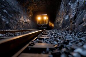 A heavy train approaches in a dimly lit underground tunnel, its bright headlights illuminating the rocky surroundings while tracks guide its path forward photo