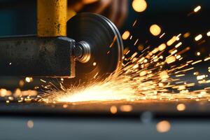 Metal worker uses a grinding tool, creating sparks in a workshop during daylight hours photo