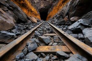 Rustic railway tracks lead to a dark tunnel in a rocky landscape photo