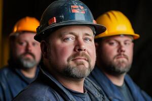 Three construction workers in hard hats pose for a portrait indoors while showing strong expressions of teamwork and determination photo
