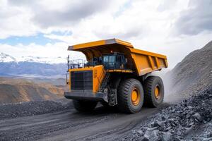 Heavy-duty truck transporting coal material on a mountainous site under overcast skies photo