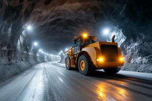 Heavy machinery operates in an underground mining tunnel during evening hours photo