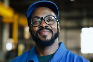 Confident worker smiling in an industrial setting during daylight hours photo