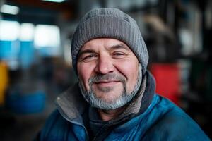 Elderly man with gray beard smiles warmly in workshop during winter photo