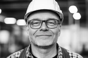 Construction worker smiles confidently while wearing safety gear in an industrial setting photo