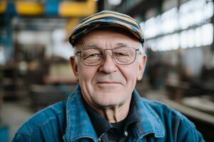 Senior man with glasses and cap smiles warmly in a workshop setting during daylight hours photo