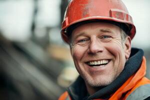 Construction worker smiles during a project at a building site in the early morning light with tools and machinery in the background photo