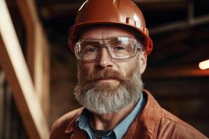Skilled construction worker wearing safety gear poses confidently in a workshop with wood beams in the background photo