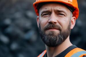 Construction worker in orange hard hat and vest standing at job site during daylight with serious expression photo