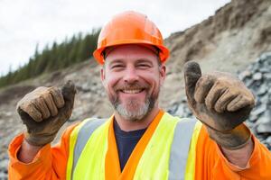 Construction worker celebrating success at a job site surrounded by rocky terrain and trees in the background photo