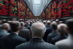 Crowd of businesspeople in a financial district during a trading session with stock market displays photo
