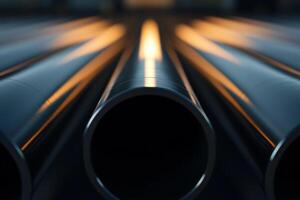 Steel pipes illuminated by evening light in an industrial setting create a striking visual effect photo