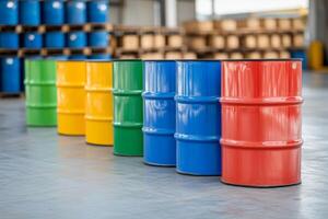 Colorful barrels arranged in a warehouse showcasing storage solutions in various hues photo