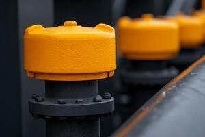 Bright yellow caps on industrial pipes showcasing detailed engineering in a manufacturing facility photo
