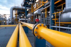Industrial site features vibrant yellow pipelines and complex machinery during late afternoon light photo
