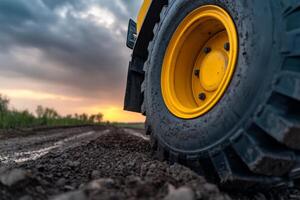 Tractor tire rolling on freshly tilled earth during sunset in a rural landscape photo