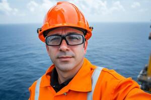 Safety professional in orange uniform poses at offshore platform against a vast ocean background photo