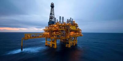 Offshore oil drilling platform illuminated during twilight in the ocean photo