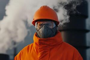 Worker in protective gear stands amidst industrial smoke at a manufacturing site during daylight photo