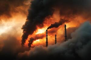 Environmental impact of industrial pollution with smokestacks emitting dark smoke at sunset photo