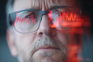 Man examines data visualization reflecting on glasses amidst advanced technology in a modern workspace photo