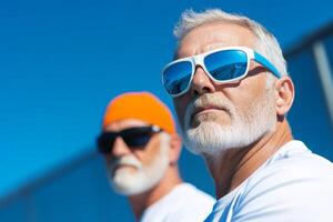 Two elderly men wearing sunglasses and colorful caps enjoying a sunny day outdoors at the beach during summer photo