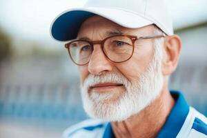 Elderly man with glasses and cap smiling at a sports event in a stadium during a sunny day photo
