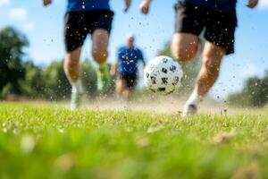 Players sprinting on a sunny grass field while kicking a soccer ball during an afternoon practice session photo