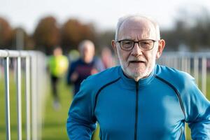 Senior man jogging in park during morning run with fellow participants in the background on a clear day photo